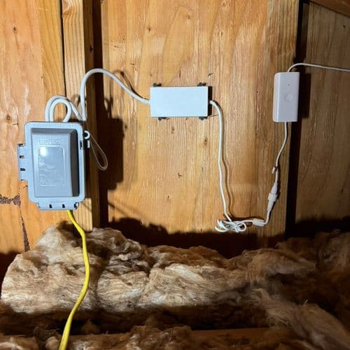 Attic wiring with junction box, transformer and outdoor outlet box. Work by Construction Hub in Los Angeles.