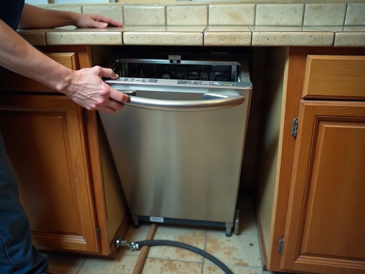 Hands easing a stainless dishwasher into an empty bay between older wood kitchen cabinets. Illustration, not a Construction Hub job.