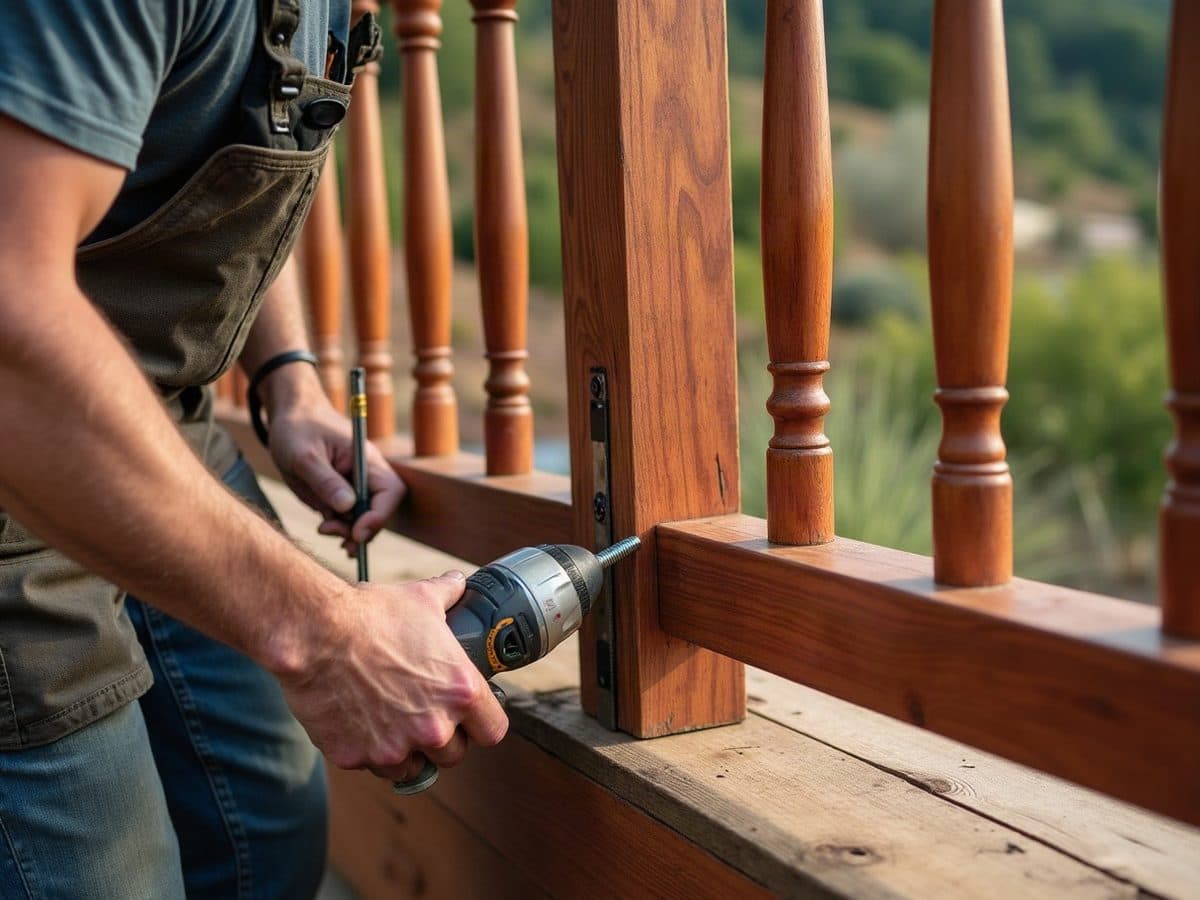 Hands driving a screw through the base of a wooden railing post into the framing of a deck. Illustration, not a Construction Hub job.