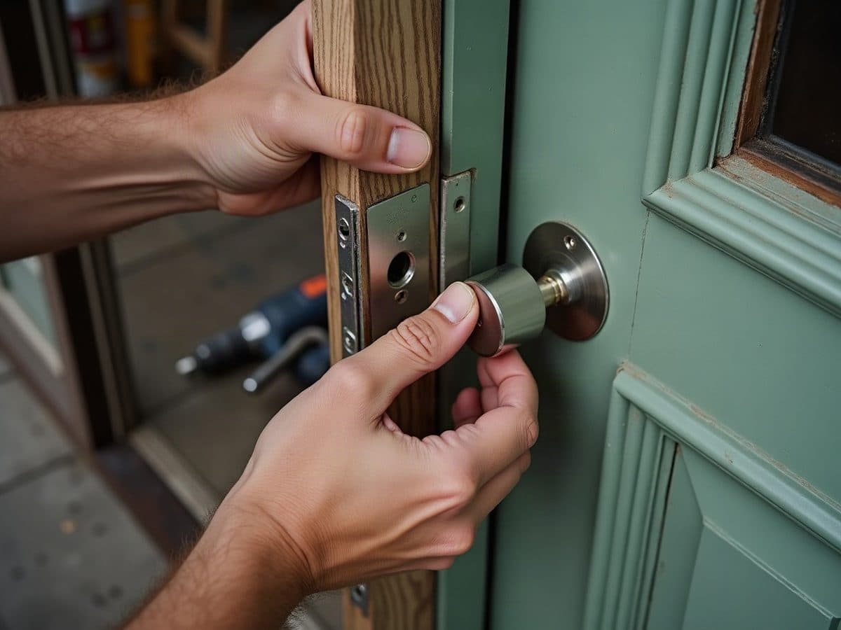 Hands fitting a deadbolt into a green painted front door, strike plates set into the jamb alongside. Illustration, not a Construction Hub job.