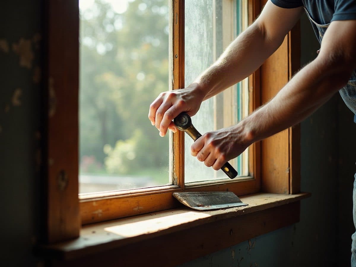 Hands working a putty knife along the sash of an old painted wooden double hung window. Illustration, not a Construction Hub job.