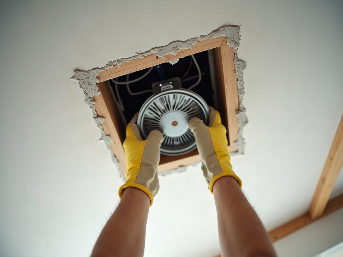 Gloved hands lifting a round fan unit into a cut opening in a ceiling, wiring and joists visible above. Illustration, not a Construction Hub job.