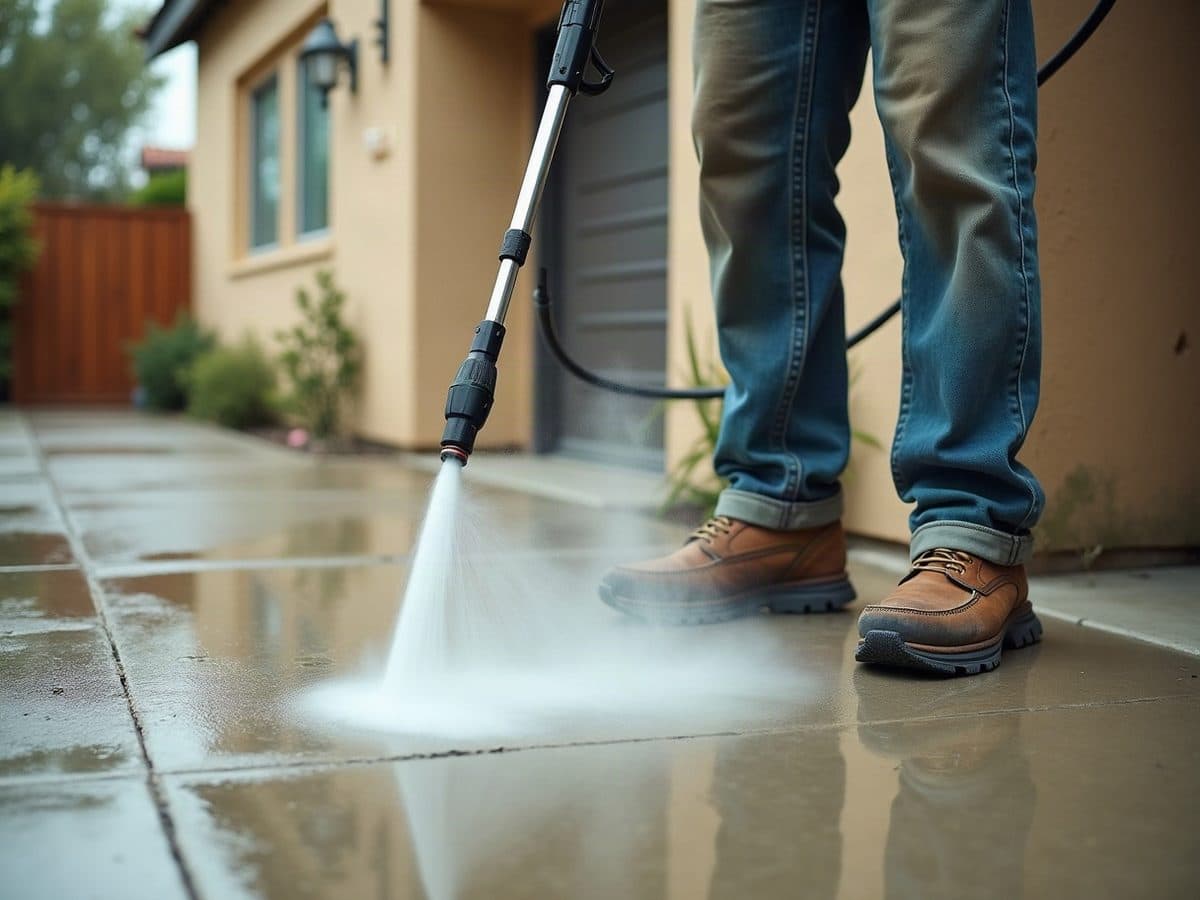 A pressure washer wand cutting a clean stripe across a grey concrete driveway beside a stucco wall. Illustration, not a Construction Hub job.