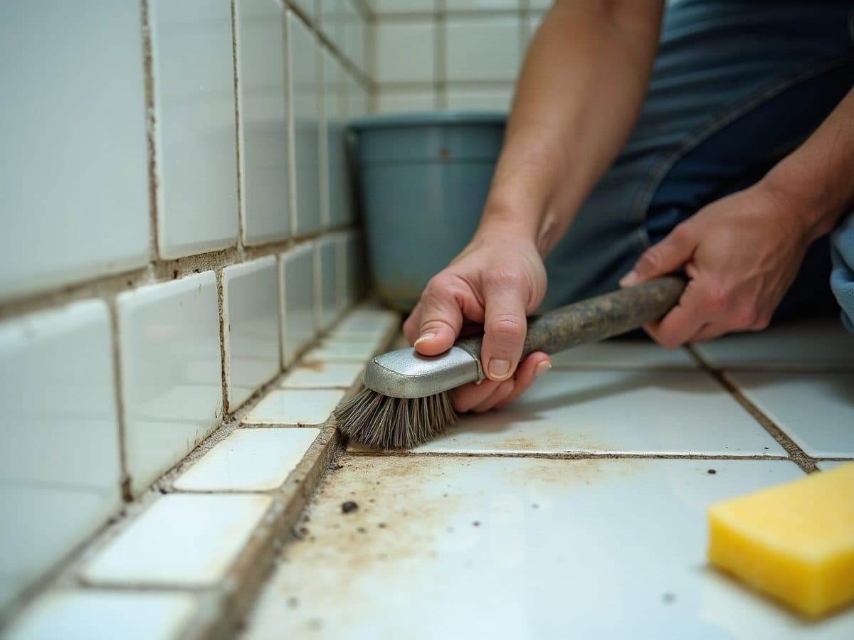 A stiff brush scrubbing a darkened grout line between white bathroom tiles, one stretch already clean. Illustration, not a Construction Hub job.