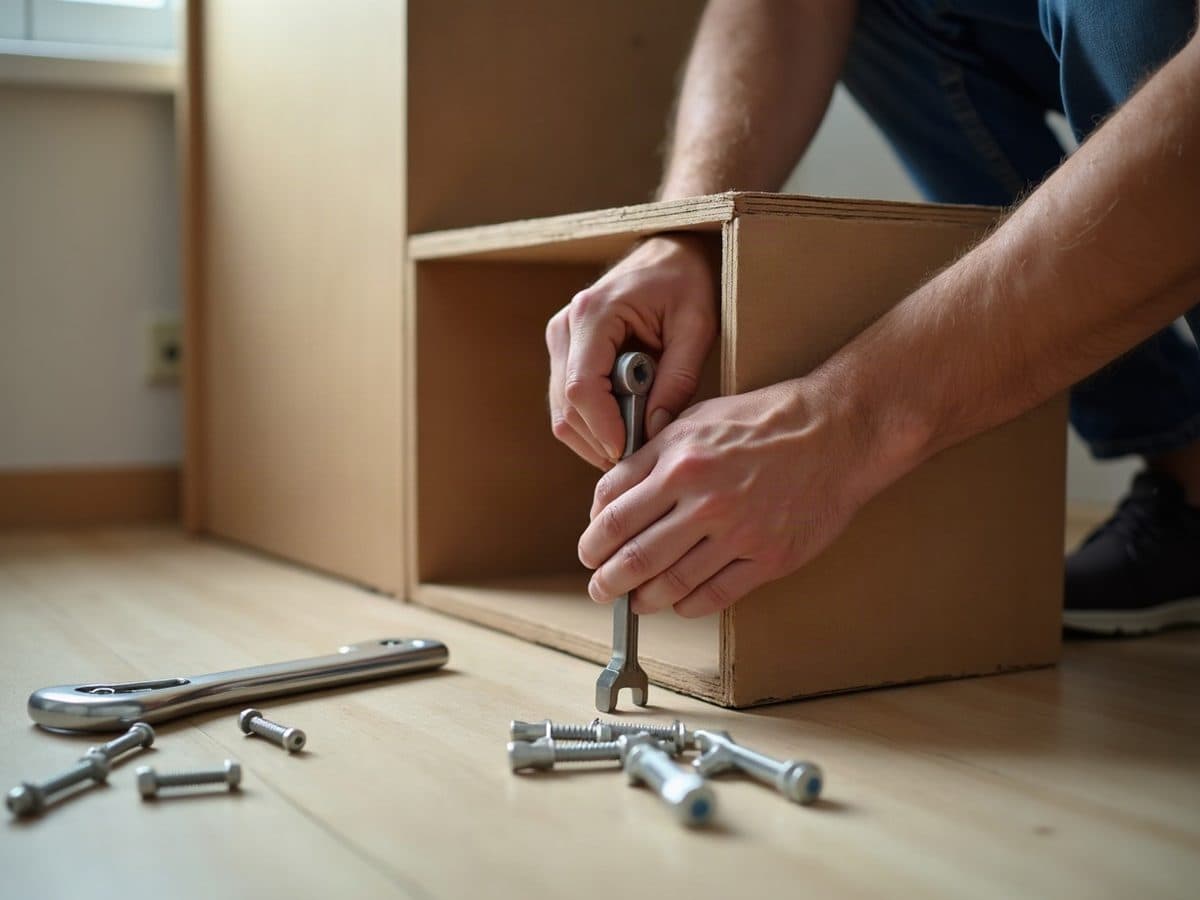 Hands turning a hex key into a half assembled flat pack cabinet, loose screws and dowels on the floor beside it. Illustration, not a Construction Hub job.
