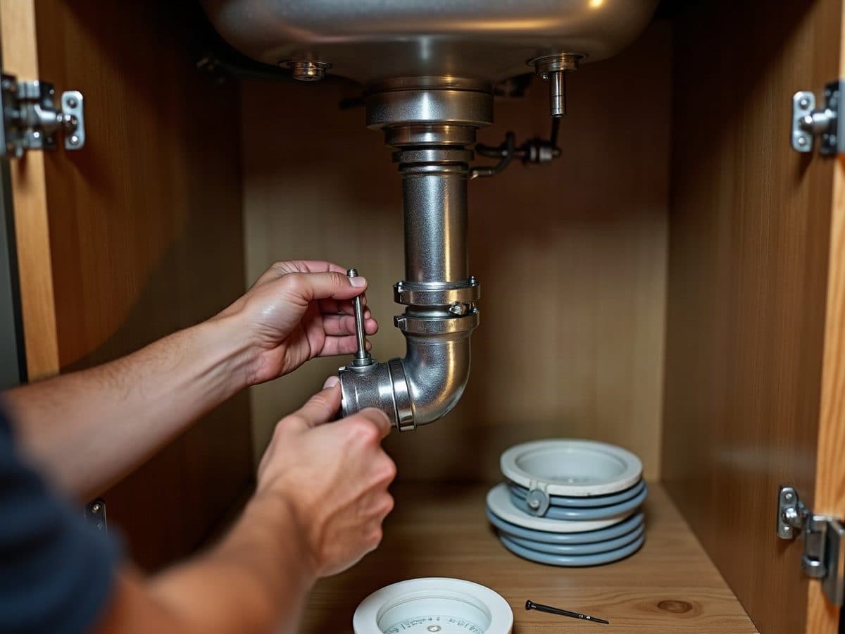 Hands working on the drain fittings under a stainless kitchen sink inside a wood cabinet. Illustration, not a Construction Hub job.
