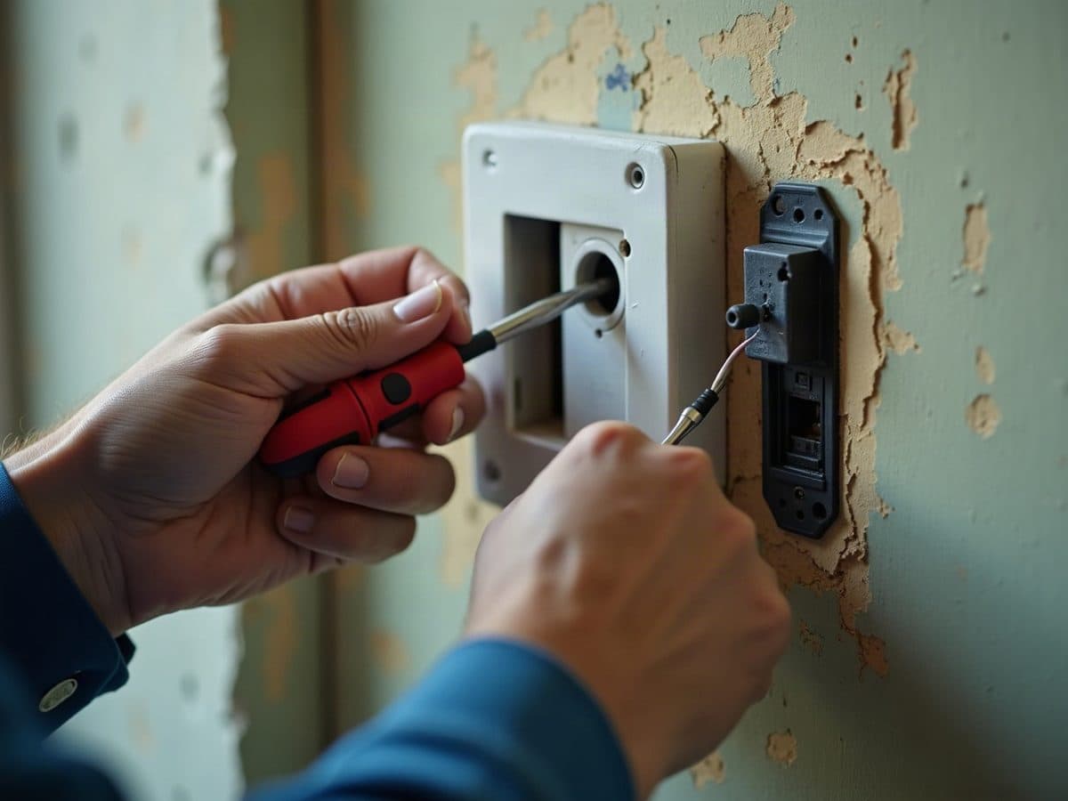 Hands putting a screwdriver to two low voltage doorbell wires on a wall of peeling old paint. Illustration, not a Construction Hub job.