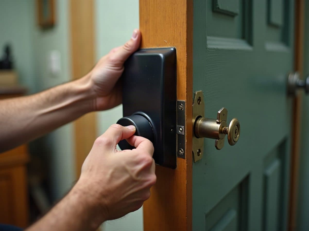 Hands holding the interior half of an electronic deadbolt against the edge of a painted door. Illustration, not a Construction Hub job.