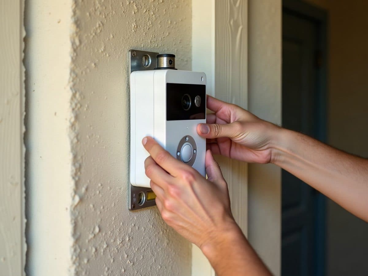 Hands setting a video doorbell onto its bracket on the stucco wall beside a front door. Illustration, not a Construction Hub job.