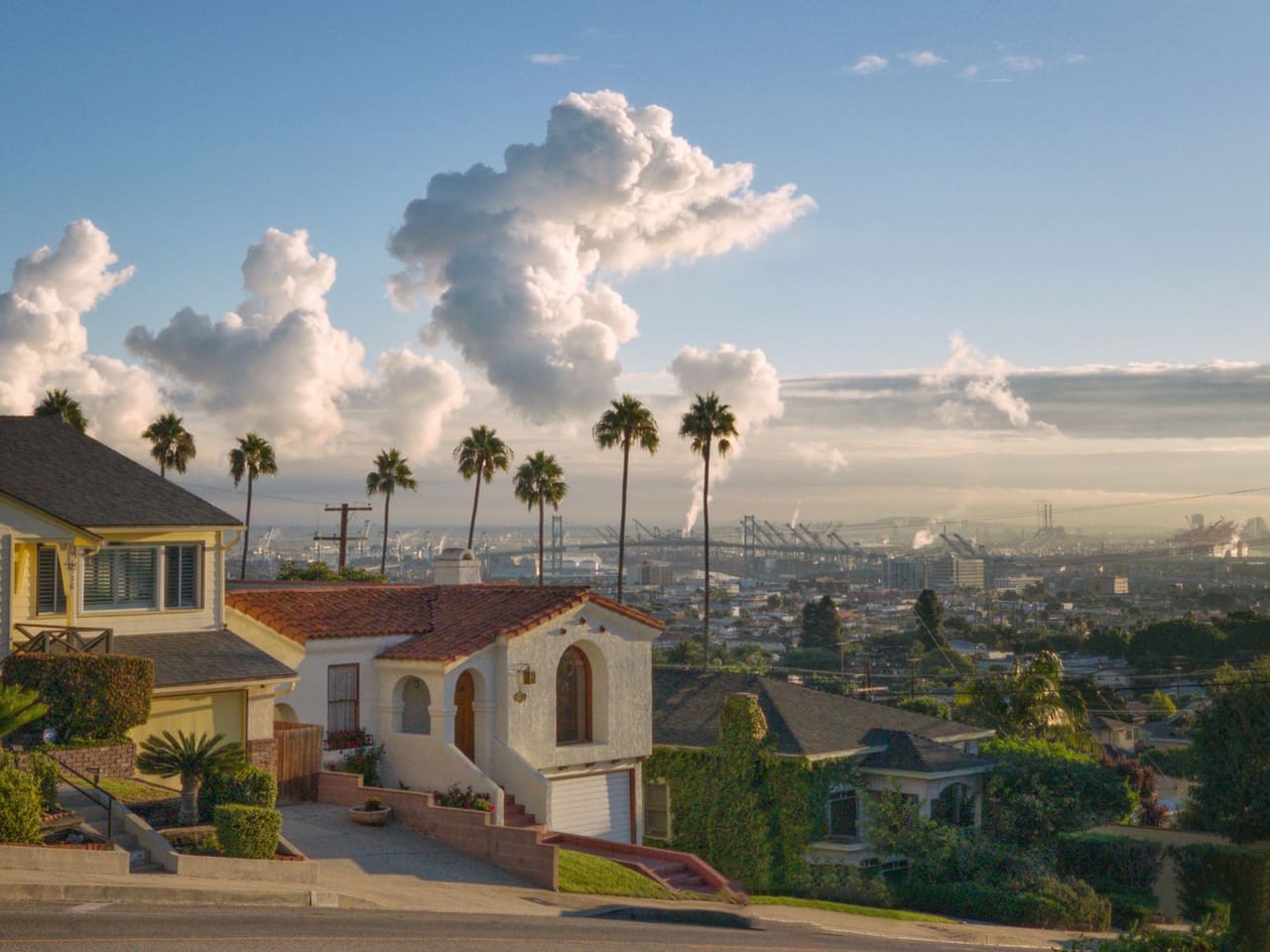 White and brown houses on a residential street near the Los Angeles harbor