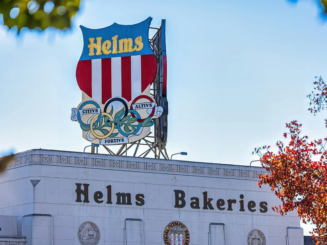 The Helms Bakeries sign and building on Venice Boulevard in Culver City