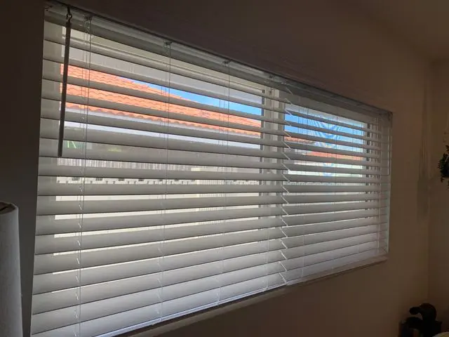 Wide white faux wood blinds tilted open across a picture window. Work by Construction Hub in Los Angeles.