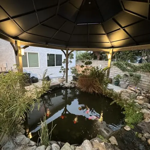 Underside of gazebo roof with lights above koi pond. Work by Construction Hub in Los Angeles.